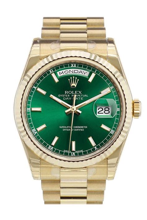 rolex gold green dial day date|rolex day date gold price.